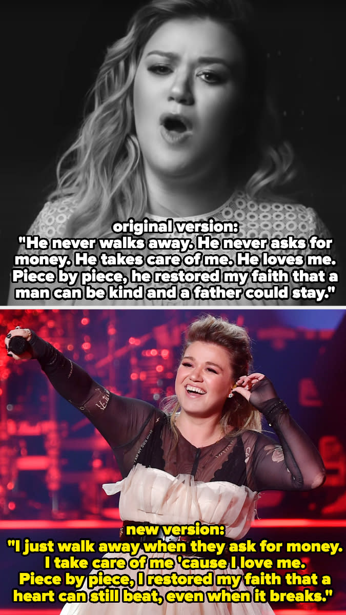 original version: "Piece by piece, he restored my faith that a man can be kind and a father could stay," new version: "Piece by piece, I restored my faith that a heart can still beat, even when it breaks"