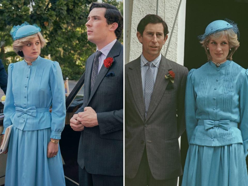 princess diana prince charles vs emma corrin josh o'connor outfits the crown