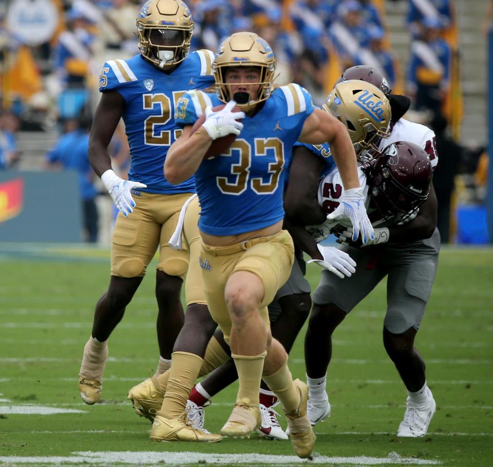 UCLA Bruins running back Carson Steele breaks off a big run.