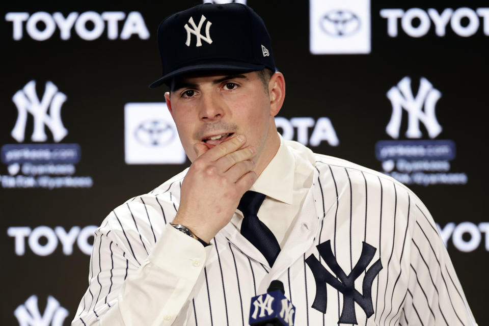 New York Yankees' Carlos Rodon speaks during his introductory baseball news conference at Yankee Stadium, Thursday, Dec. 22, 2022, in New York. (AP Photo/Adam Hunger)