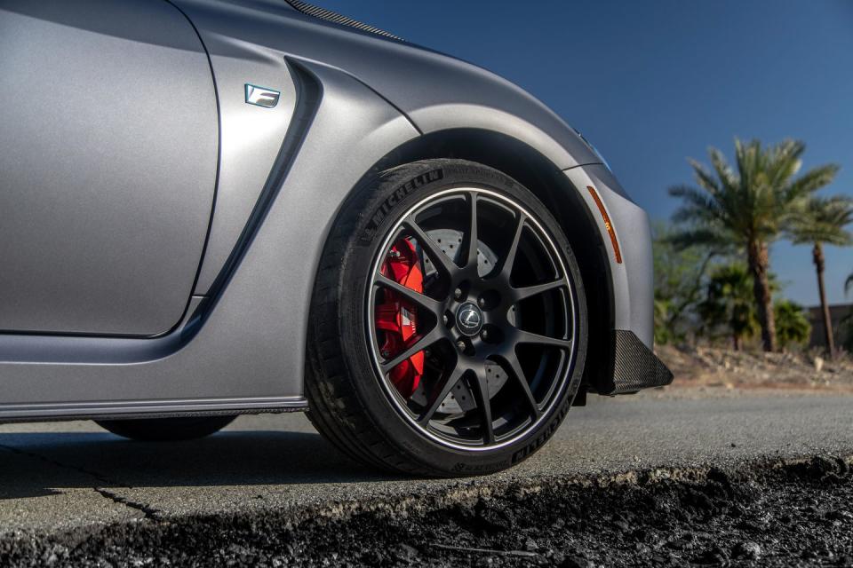 <p>Standard carbon-ceramic brakes on the Track Edition contribute to it being a claimed 121 pounds lighter than the 2020 RC F, which itself loses—so says Lexus—55 pounds over the 2019 model thanks to a variety of weight-saving measures, including tweaked suspension components, hollow half shafts, a lightened intake manifold, and other bits.</p>