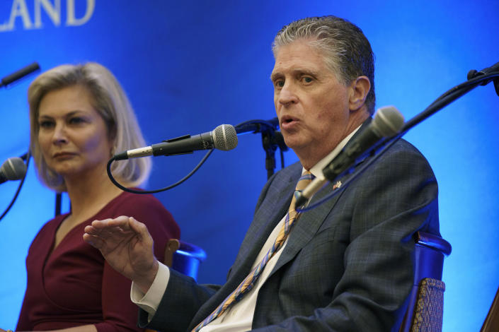 Rhode Island Gov. Dan McKee speaks during a gubernatorial election forum hosted by the Greater Providence Chamber of Commerce in Warwick, R.I., Sept. 8, 2022. Rhode Island will hold its primary on Tuesday, Sept. 13. (AP Photo/David Goldman)