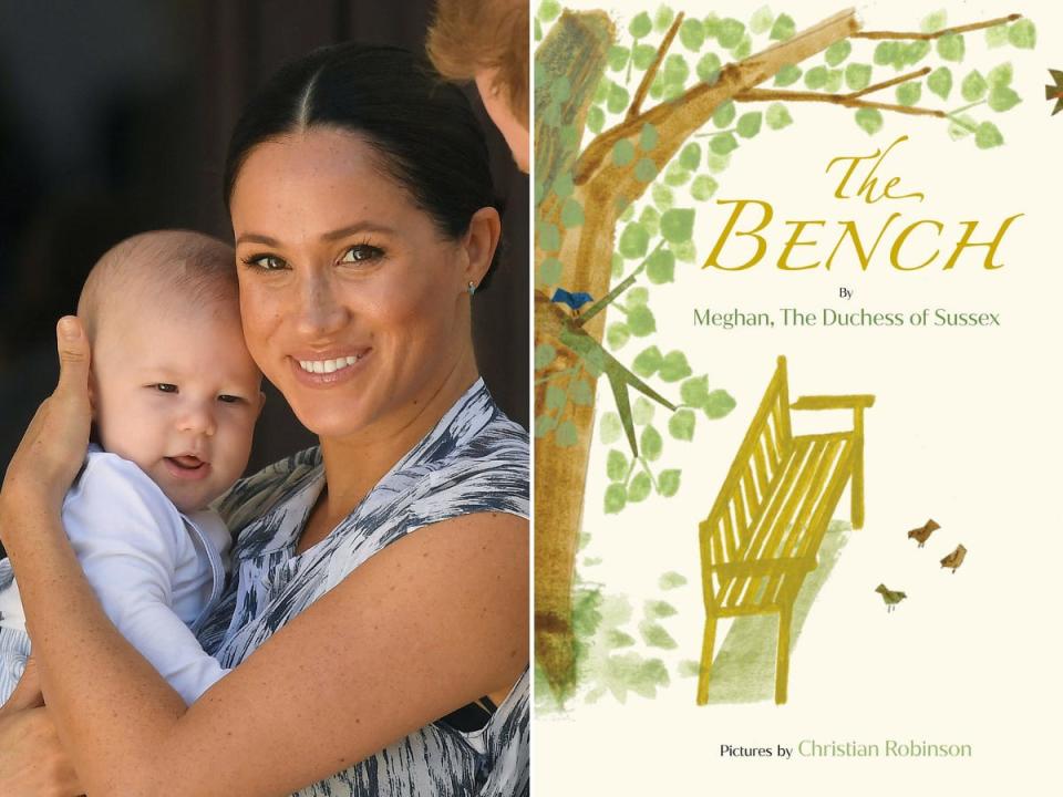 Side-by-side images of Meghan Markle with Archie and the cover of "The Bench."