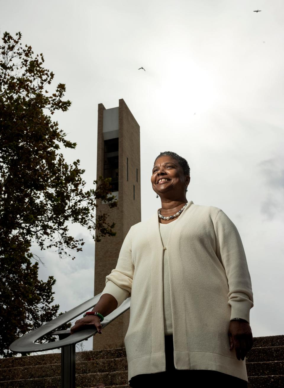 Colette Pierce Burnette stands in front of Huston-Tillotson University's King-Seabrook Chapel.