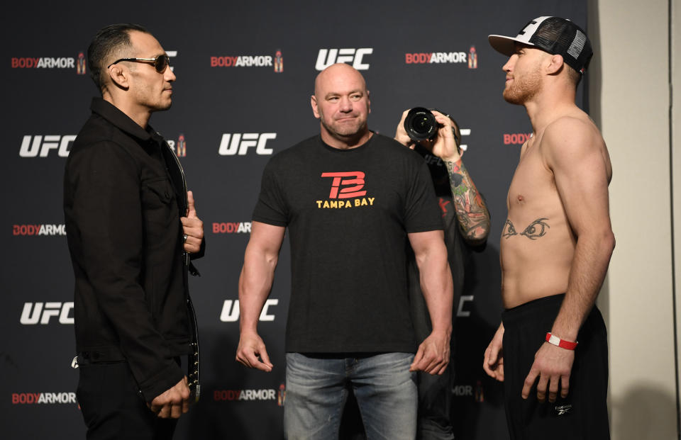 JACKSONVILLE, FLORIDA - MAY 08: (L-R) Opponents Tony Ferguson and Justin Gaethje face off during the UFC 249 official weigh-in on May 08, 2020 in Jacksonville, Florida. (Photo by Mike Roach/Zuffa LLC)