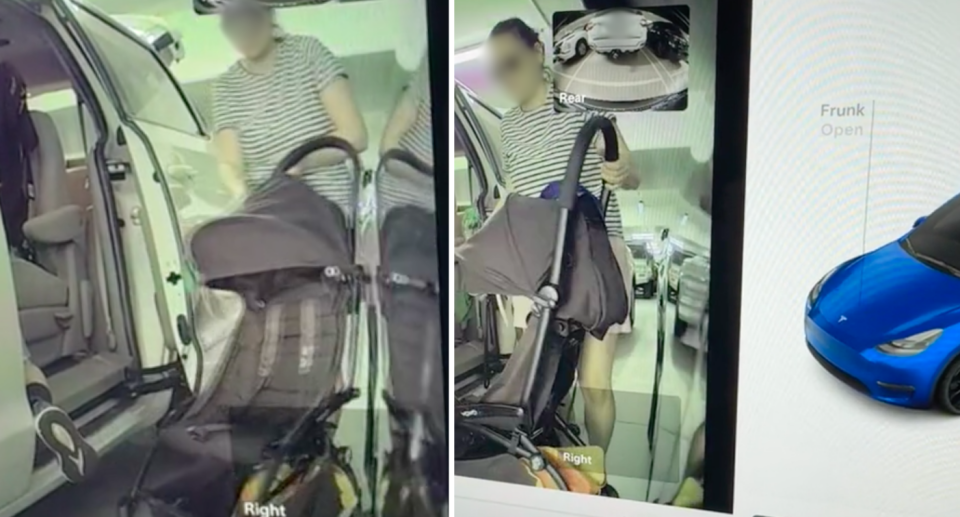 Screenshots from the Tesla footage showing the pram and the mum next to the vehicle. 