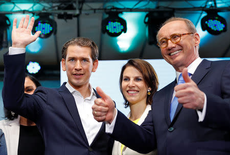 Austrian Chancellor Sebastian Kurz, Karoline Edtstadler and Othmar Karas, top candidates of Austria's OeVP Party for the European election, react during a meeting after European Parliament elections at the Austrian People's Party (OeVP) headquarters in Vienna, Austria, May 26, 2019. REUTERS/Leonhard Foeger