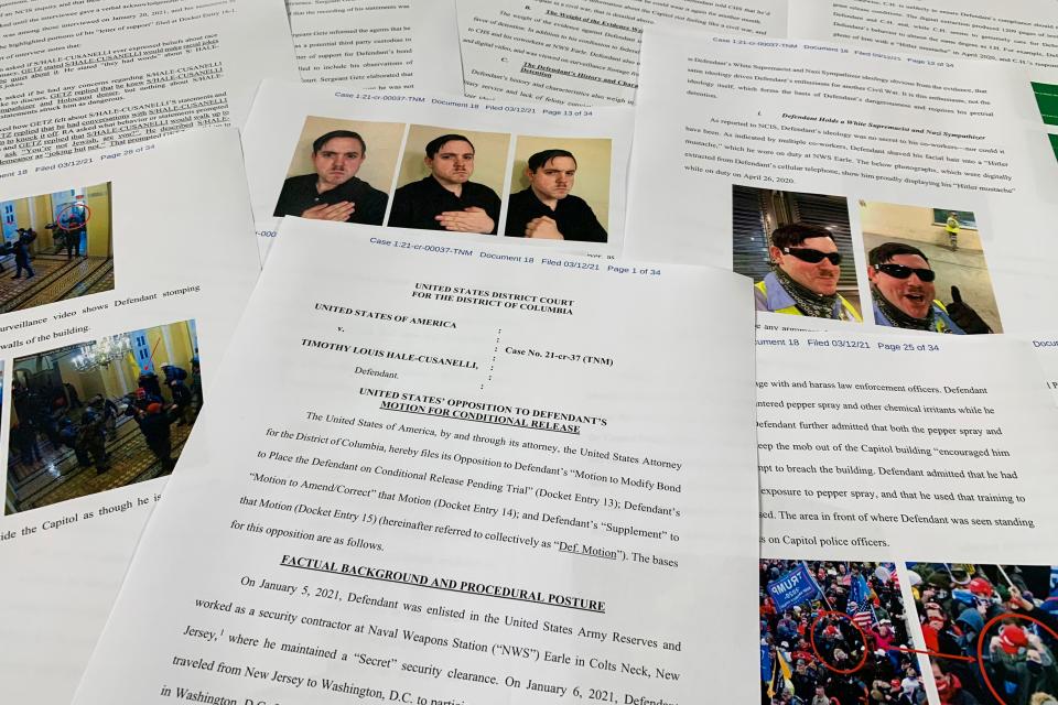 The Department of Justice motion to oppose the conditional release of Timothy Hale-Cusanelli ahead of his trial on charges stemming from the Jan. 6, 2021, riot at the U.S. Capitol, is photographed on Tuesday, May 24, 2022. Hale-Cusanelli was arrested less than two weeks after the attack and has remained jailed since February 2021. His trial began in federal court in Washington on May 24.