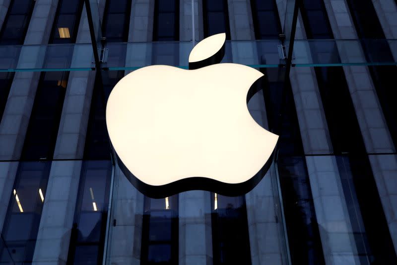 FILE PHOTO: The Apple Inc. logo is seen hanging at the entrance to the Apple store on 5th Avenue in New York