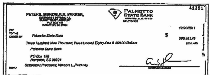 This check was allegedly written as a settlement for a lawsuit that never reached the Pinckney family.