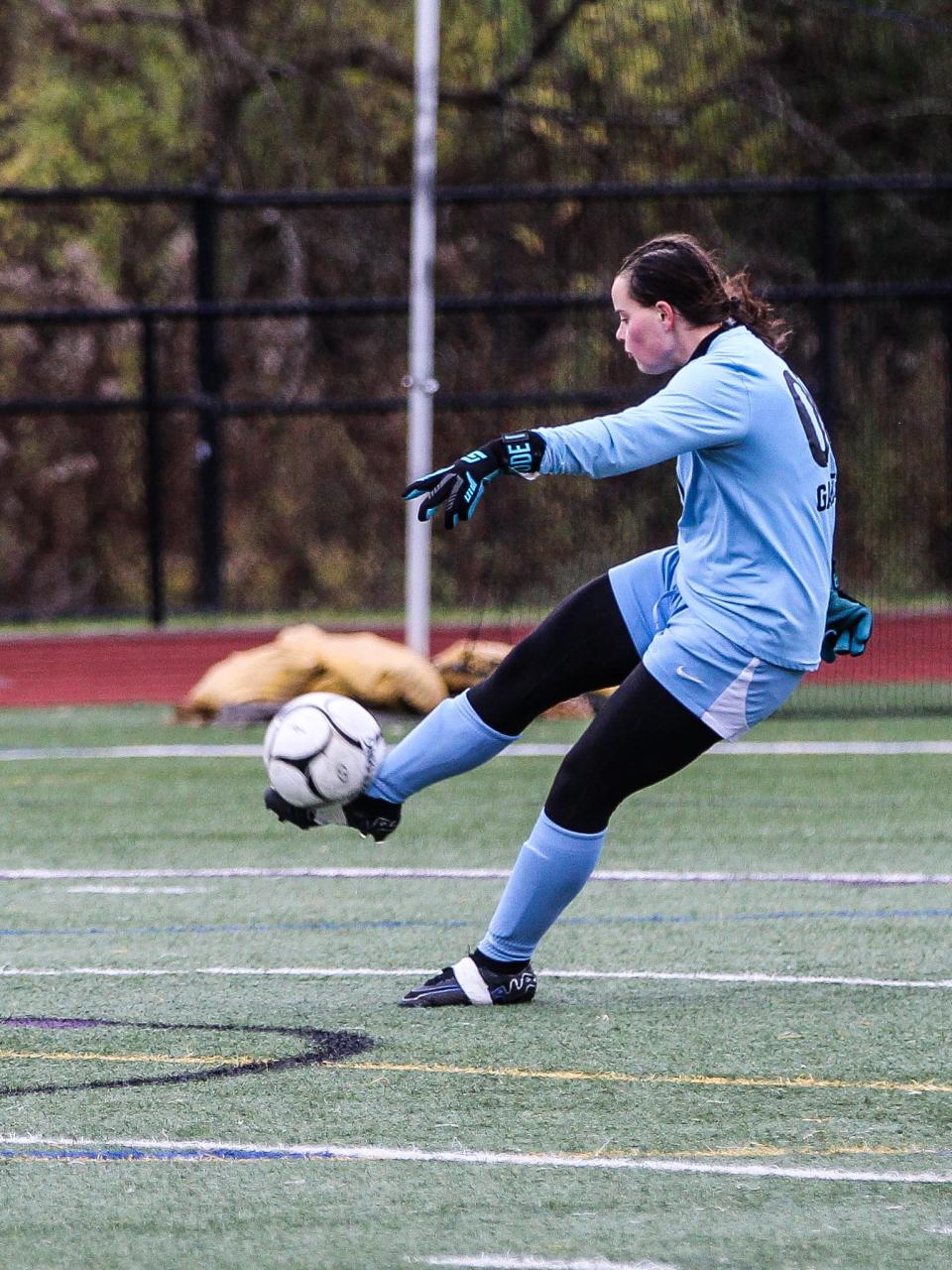 Rye's Tessa Labovitz was named the Most Valuable Goalkeeper of the finals during the NYSPHSAA Class A girls soccer state championship match at Cortland High School on Sunday, Nov. 12, 2023.