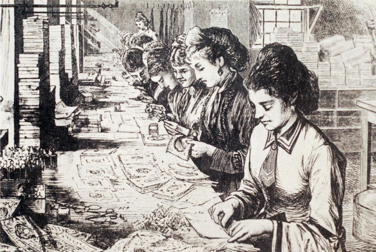 An artist's rendition of an assembly line of workers making valentines during the 1850s. Photographed from "A History of Valentines" written by Ruth Webb Lee. Originally published in "People and Places" Magazine. Courtesy of the Worcester Historical Museum.