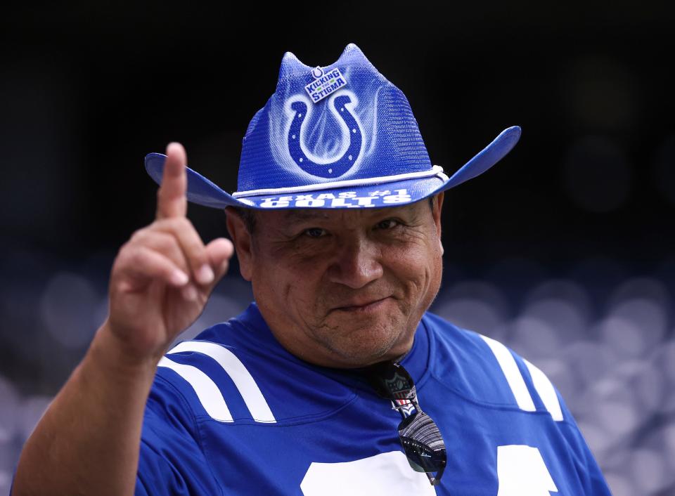 Dec 5, 2021; Houston, Texas, USA; An Indianapolis Colts fan waits for the start of the game against the Houston Texans at NRG Stadium.