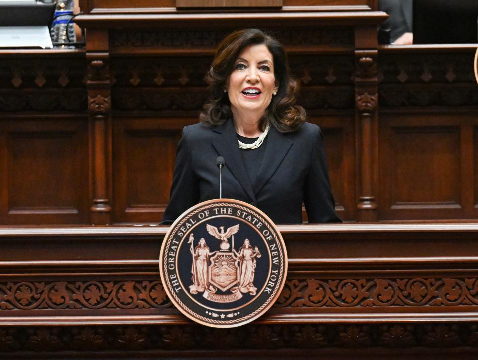 New York Gov. Kathy Hochul delivers her State of the State address in the Assembly Chamber at the state Capitol, Tuesday, Jan. 10, 2023, in Albany, N.Y.