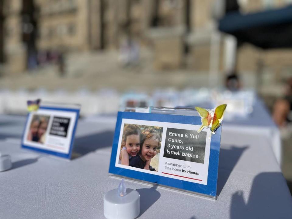 Israel supporters placed tables in front of the Idaho Capitol building displaying the names of people taken hostage by Hamas.