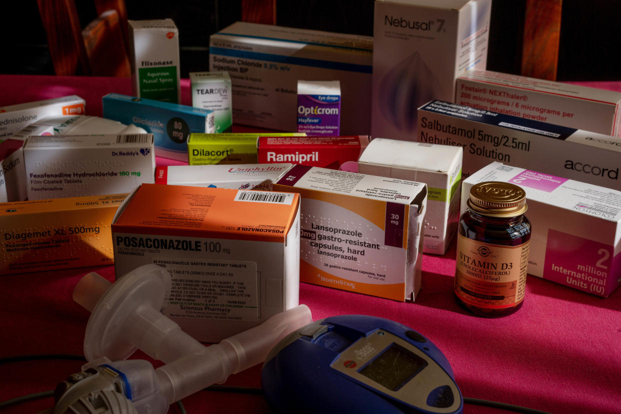 Jill Fairweather’s daily dose of medications. (Andrew Testa for NBC News)