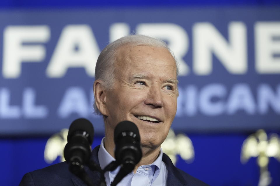 President Joe Biden speaks at a campaign event, Tuesday, April 16, 2024, in Scranton, Pa. Biden has begun three straight days of campaigning in Pennsylvania in his childhood hometown of Scranton. The Democratic president is using the working class city of roughly 75,000 as the backdrop for his pitch for higher taxes on the wealthy. (AP Photo/Alex Brandon)