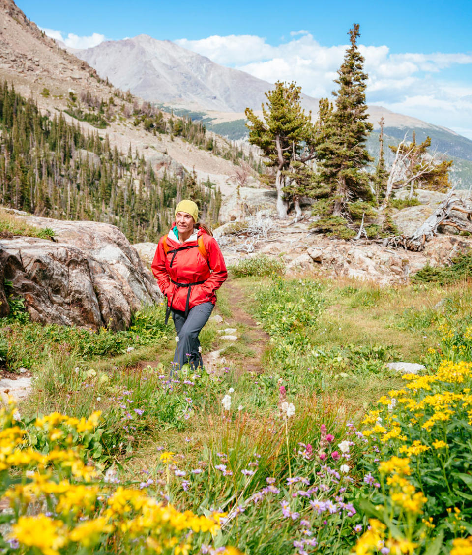 Hiker on the Bluebird Lake Trail in the Wild Basin area of Rocky Mountain National Park