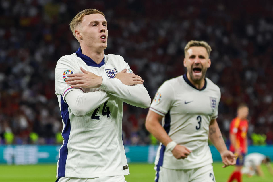 14 July 2024, Berlin: Soccer: European Championship, Spain - England, final round, final, Olympiastadion Berlin. England's Cole Palmer (l) celebrates after his goal to make it 1:1, next to him England's Luke Shaw. Photo: Christian Charisius/dpa (Photo by A4281 Christian Charisius/picture alliance via Getty Images)