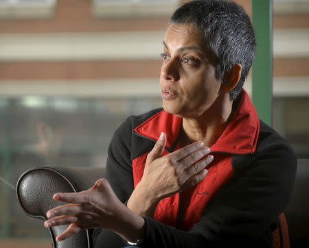 Rafida Ahmed, who is recovering from injuries including the loss of her thumb suffered during a hacking attack by jihadi assailants, speaks during an interview with Reuters near Washington April 23, 2015. REUTERS/Stringer