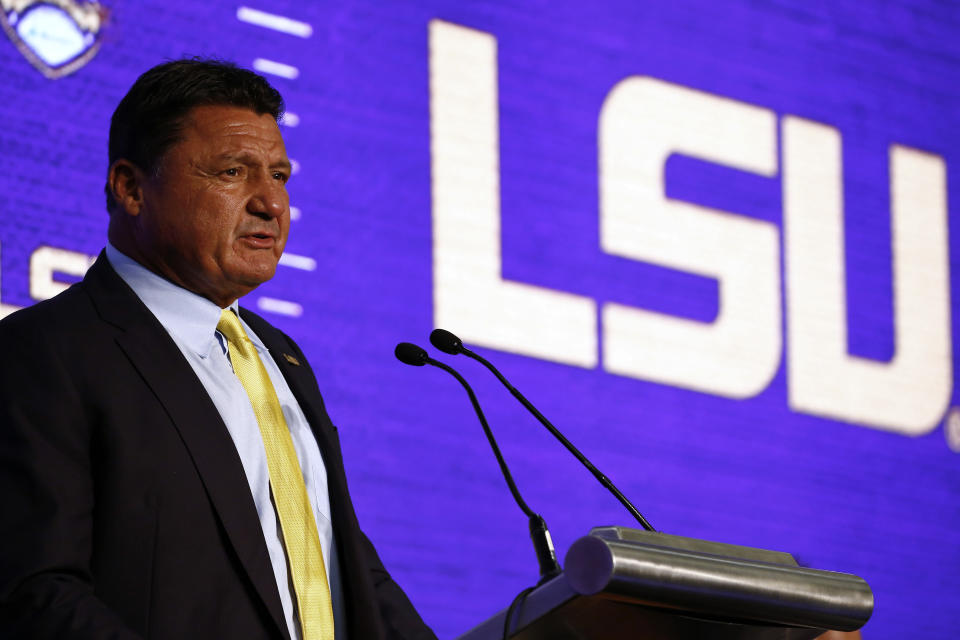 Head coach Ed Orgeron, of LSU, speaks during the NCAA college football Southeastern Conference Media Days, Monday, July 15, 2019, in Hoover, Ala. (AP Photo/Butch Dill)