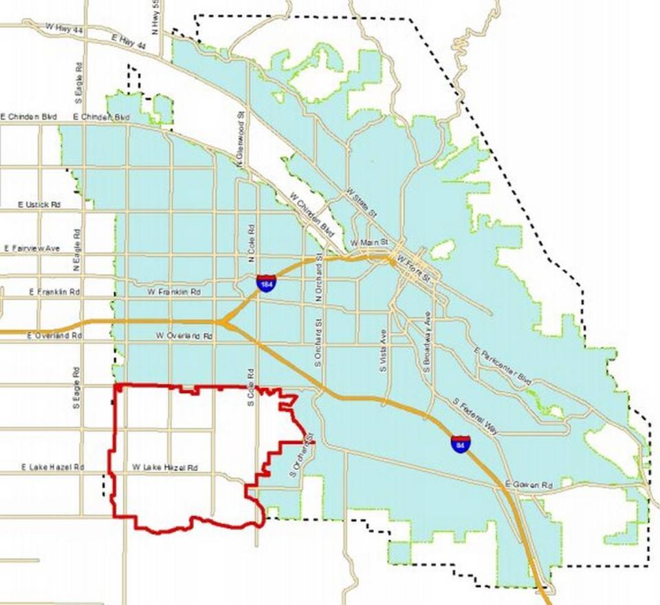 The more than 10-square-mile unincorporated area of Southwest Boise being considered by Boise’s Citiy Council in summer 2021 for annexation is marked by the thick line. The adjoining city of Boise is shaded.