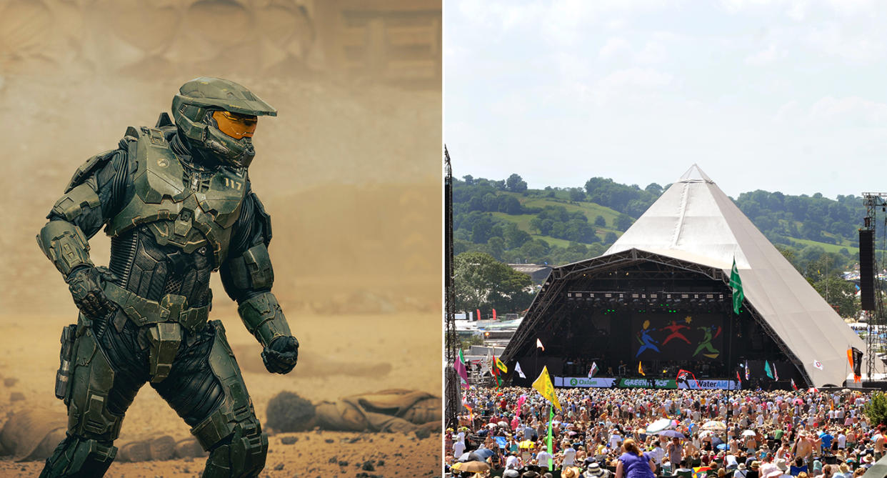 Paramount+ launches with the TV series of Halo, while Glastonbury returns at the weekend. (Paramount+/BBC)