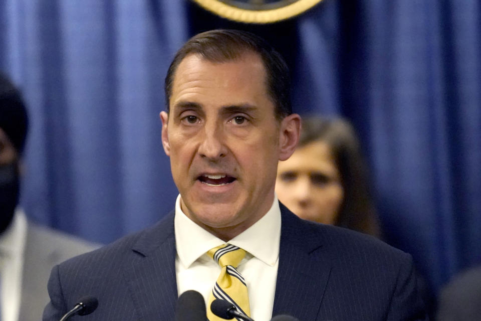 John R. Lausch Jr., United States Attorney for the Northern District of Illinois, announces the federal indictment of Michael Madigan, the former speaker of the Illinois House, on racketeering and bribery charges during a news conference, Wednesday, March 2, 2022, in Chicago. Madigan, for decades one of the nations' most powerful legislators, is the most prominent politician swept up in the latest federal investigation of entrenched government corruption in the state. (AP Photo/Charles Rex Arbogast)