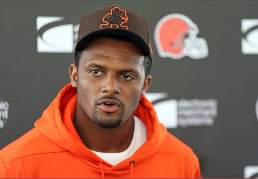 Cleveland Browns quarterback Deshaun Watson speaks to the media, Thursday, Aug. 18, 2022, in Berea, Ohio, after the team announced that Watson has reached a settlement with the NFL and will serve an 11-game unpaid suspension and pay a $5 million fine rather than risk missing his first season as quarterback of the Cleveland Browns following accusations of sexual misconduct while he played for the Houston Texans. (Joshua Gunter/Cleveland.com via AP)