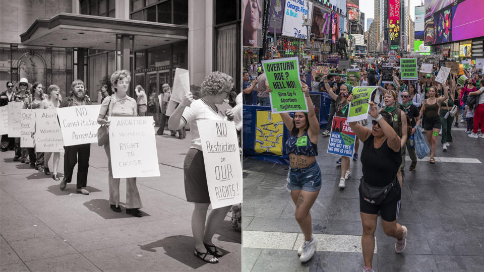 Pro-abortion-rights protesters in the 1970s and in 2022.