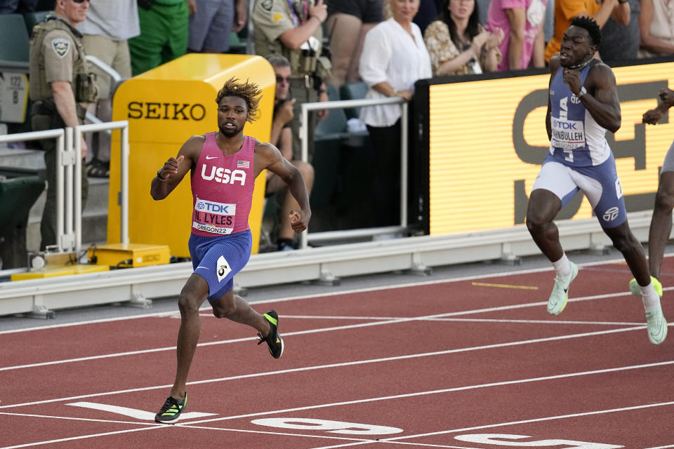 Noah Lyles, of the United States, celebrates after winning the men's 200-meter run final at the World Athletics Championships on Thursday, July 21, 2022, in Eugene, Ore. (AP Photo/Gregory Bull)