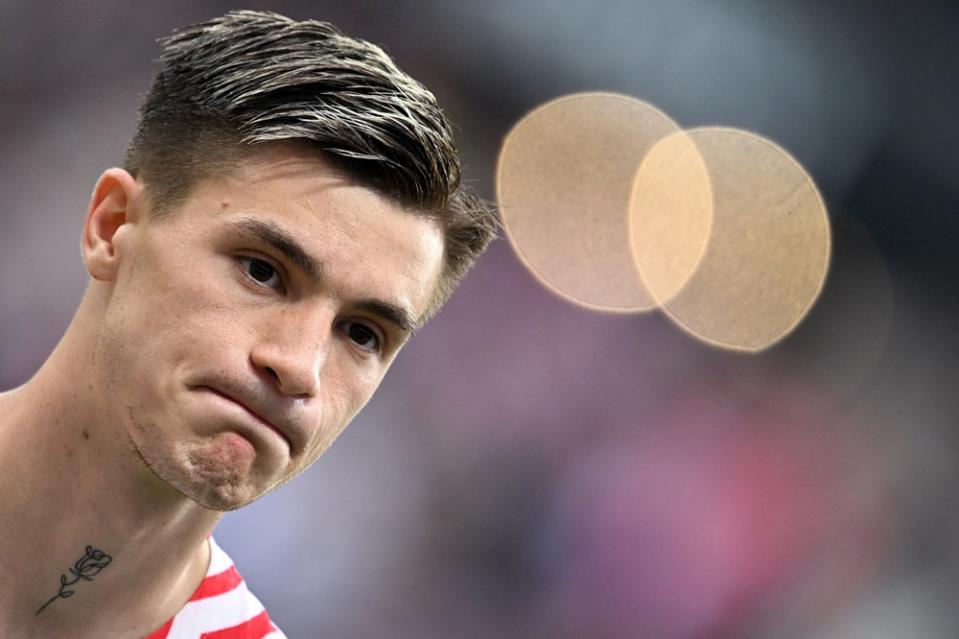 Leipzig's Benjamin Sesko reacts during the German first division Bundesliga football match between Eintracht Frankfurt and RB Leipzig in Frankfurt am Main, western Germany on May 18, 2024. (Photo by KIRILL KUDRYAVTSEV/AFP via Getty Images)