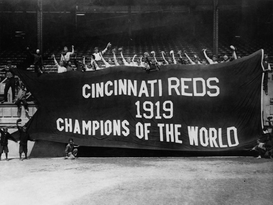 A banner reading 'Cincinnati Reds 1919 Champions of the World', after the team won the 1919 World Series.