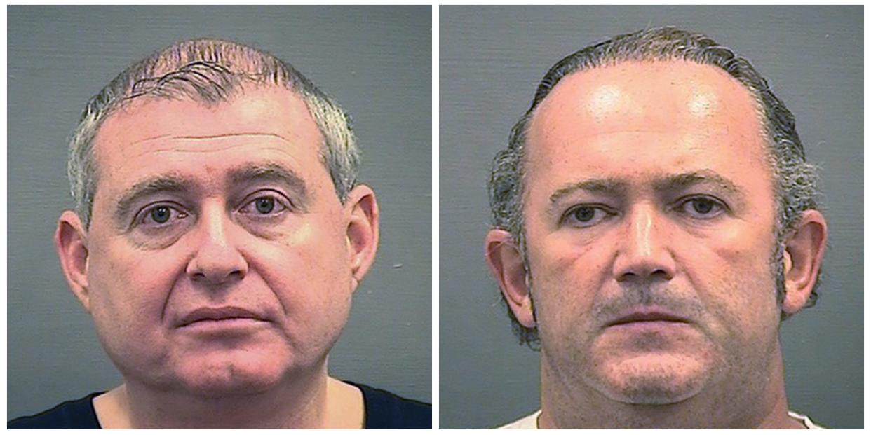 This combination of photos provided by the Alexandria Sheriff's Office shows booking photos of Lev Parnas, left, and Igor Fruman, after their arrests in October 2019.