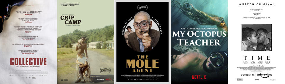 En esta combinación de fotos, los pósters de los documentales nominados al Oscar "Collectiv", "Crip Camp", "El agente topo", "My Octopus Teacher" y "Time". (Magnolia Pictures/Netflix/Gravitas Pictures/Netflix/Amazon Studios via AP)