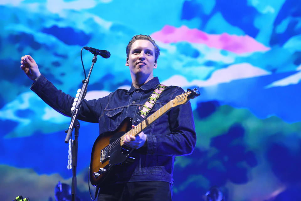 LONDON, ENGLAND - MARCH 13: George Ezra performs on stage at The O2 Arena on March 13, 2023 in London, England. (Photo by Gus Stewart/Redferns)