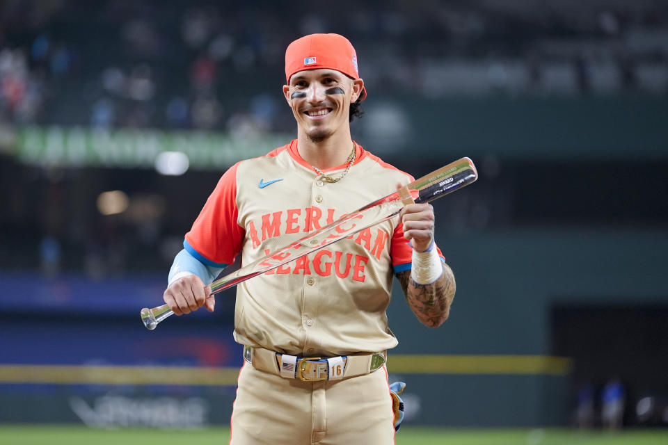 Jarren Duran of the Boston Red Sox holds the award for Most Valuable Player after the AL's victory in the MLB All-Star Game on Tuesday in Arlington, Texas. (AP Photo/Julio Cortez)