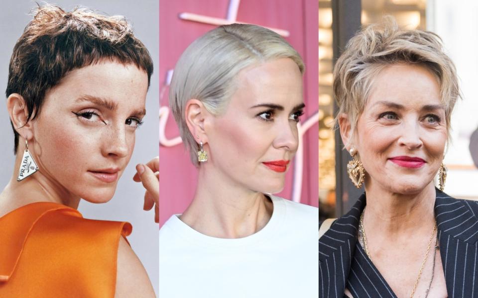 Emma Watson as the new face of Prada Beauty; Sarah Paulson at this year's Vanity Fair Oscars party; Sharon Stone in June at a Dolce & Gabbana event - Prada / Getty Images