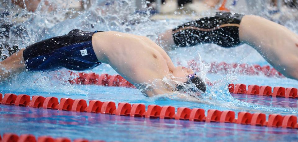 Cathedral Prep senior Mitchell Bradford begins the first leg of the Class 2A boys 200-yard medley relay during the District 10 swimming championships at S.P.I.R.E. Institute in Geneva, Ohio, on March 3. Prep is the PIAA 2A top seed in the event.