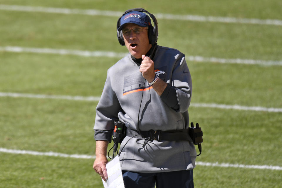 Denver Broncos head coach Vic Fangio walks the sideline during the first half of an NFL football game against the Pittsburgh Steelers in Pittsburgh, Sunday, Sept. 20, 2020. (AP Photo/Don Wright)