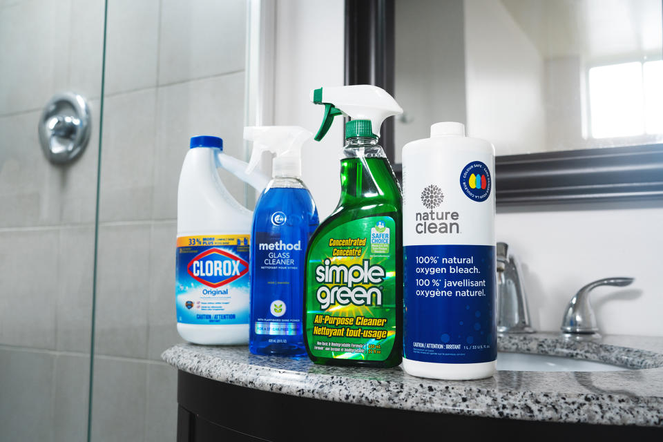 Bathroom cleaning products from Canadian Tire, bleach, glass cleaner and concentrated all-purpose cleaner