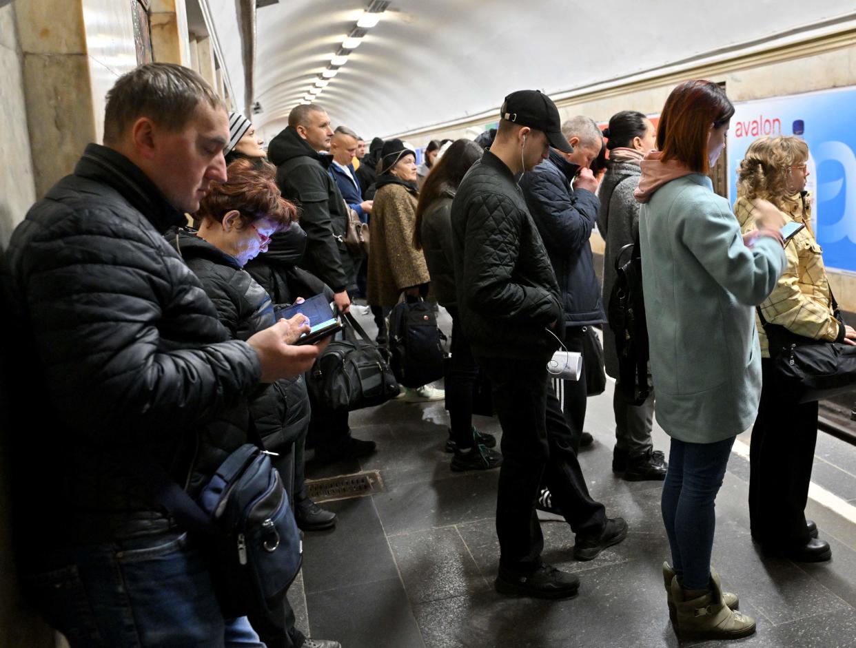 People shelter in an underground metro station during an air raid alarm in Kyiv (AFP via Getty Images)