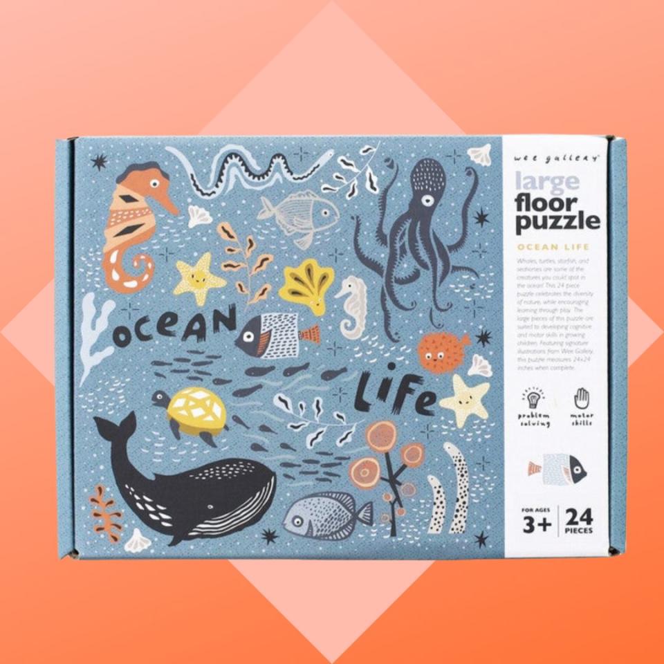 Kids can enjoy the beauty of underwater creatures with this 24-piece puzzle. It has large pieces that help with fine-motor and cognitive skills along with beautiful illustrations.You can buy the large Ocean Life floor puzzle from Amazon for around $27. 