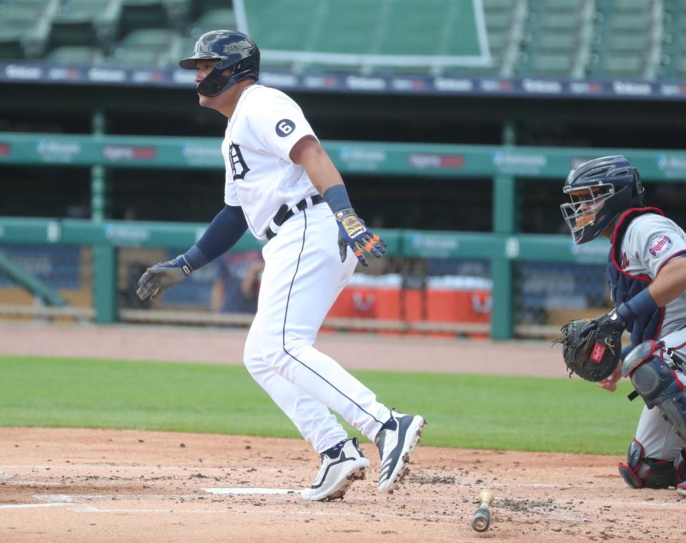 Miguel Cabrera singles for his 2,000 hit with the Detroit Tigers during the first inning against the Minnesota Twins at Comerica Park, Sunday, August 30, 2020.