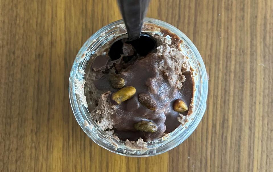 Chocolate cottage cheese mousse in a cup.