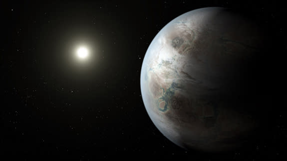 An artist's concept of the alien planet Kepler-452b, the first near-Earth-size alien planet to be discovered in the habitable zone of a sunlike star. NASA unveiled the exoplanet discovery on July 23, 2015.