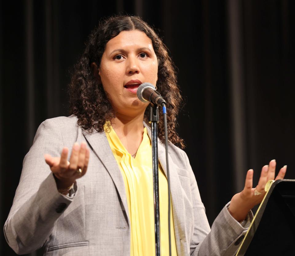 Brockton City Councilor-at-large Rita Mendes speaks at a forum sponsored by the Brockton Area Branch NAACP in the Brockton High School auditorium on Thursday, Aug. 25, 2022. Mendes is one of three candidates vying for the new all-Brockton 11th Plymouth state representative seat.