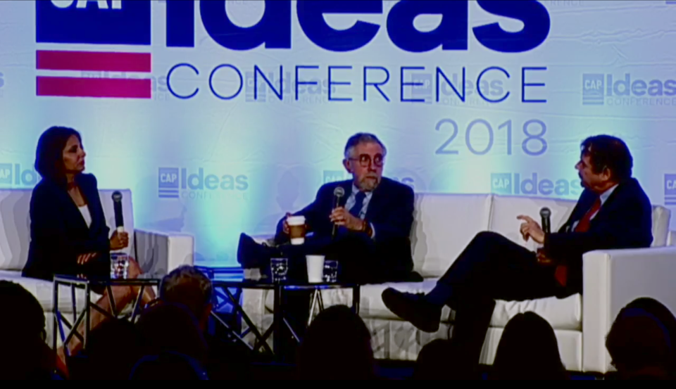 From left: moderator Neera Tanden, New York Times columnist Paul Krugman and Sen. Sherrod Brown at the 2018 CAP Ideas Conference. (Screengrab via CAP)