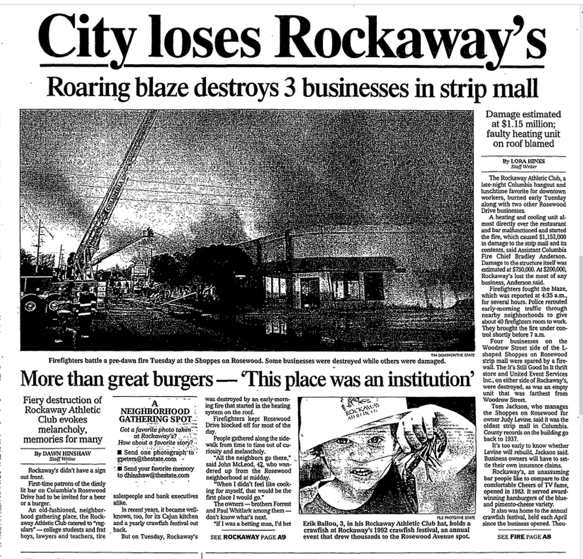 A story in The State details the fire that destroyed the original Rockaway Athletic Club restaurant building back in 2002.