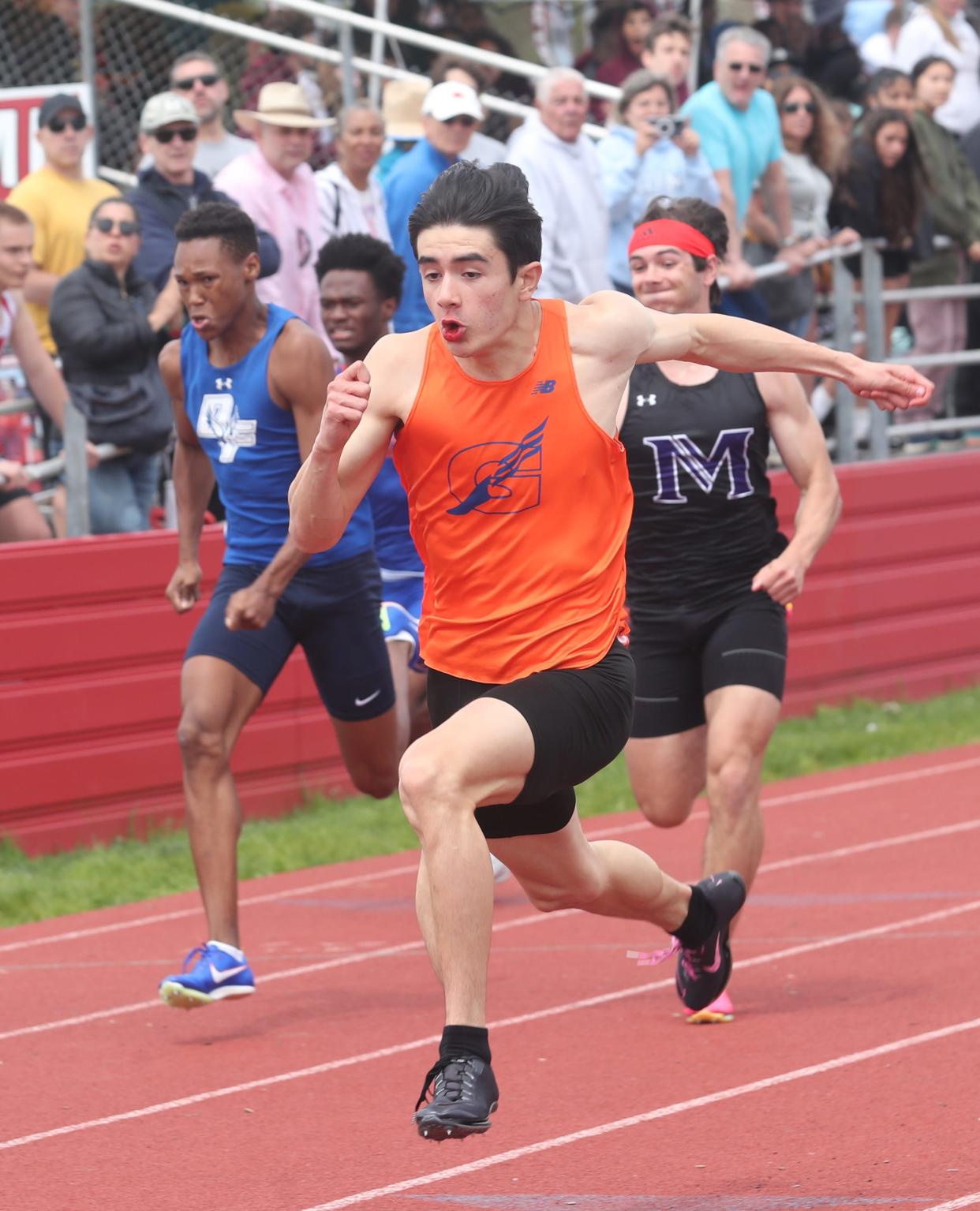 Greeley's Nikko Wright on his way to winning the boys 100 meter during the Somers Lions Club Joe Wynne Invitational track and field meet at Somers High School May 4, 2024.